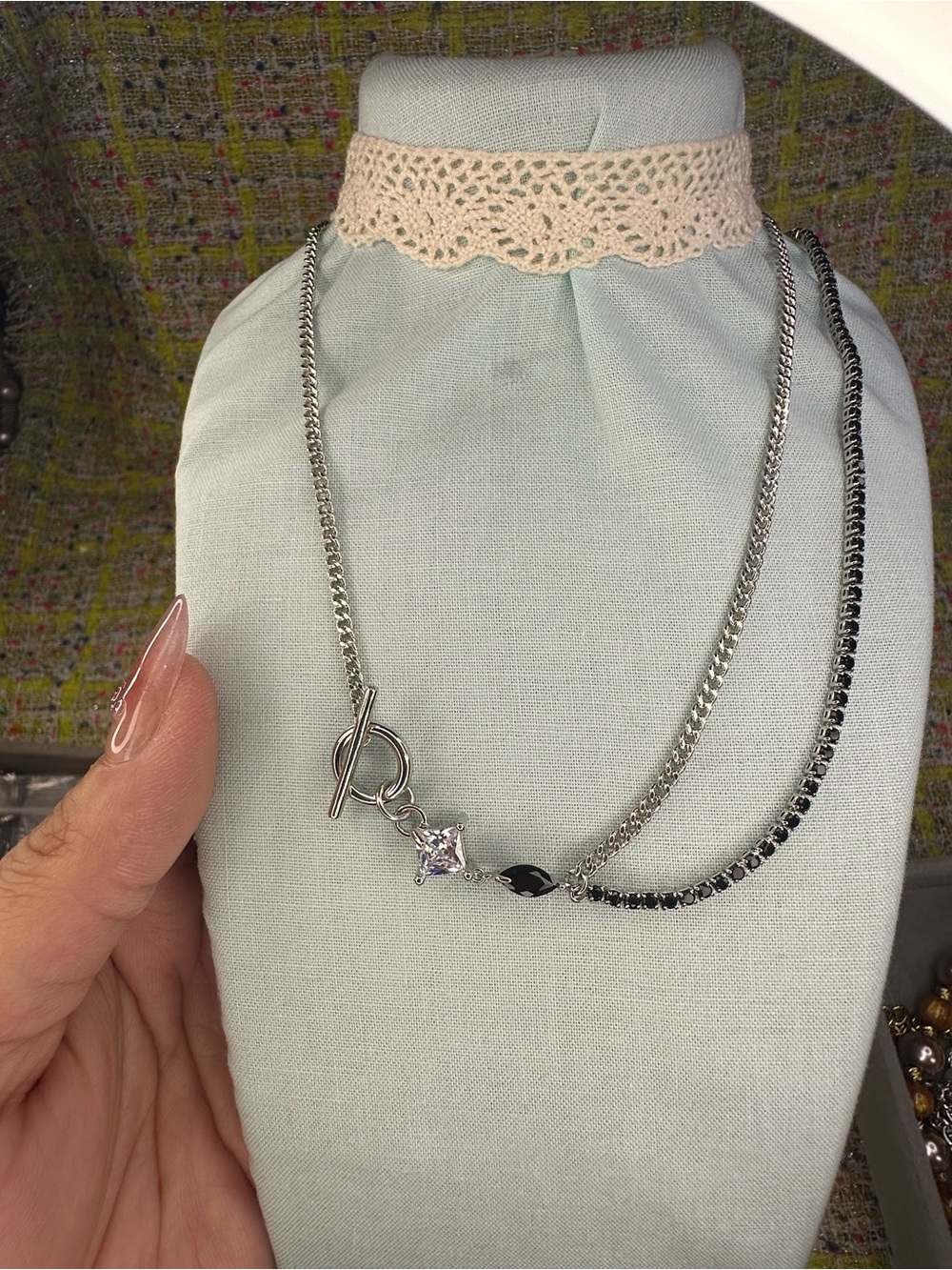 A great Silver Tone Toggle Necklace with Black and Clear Stones